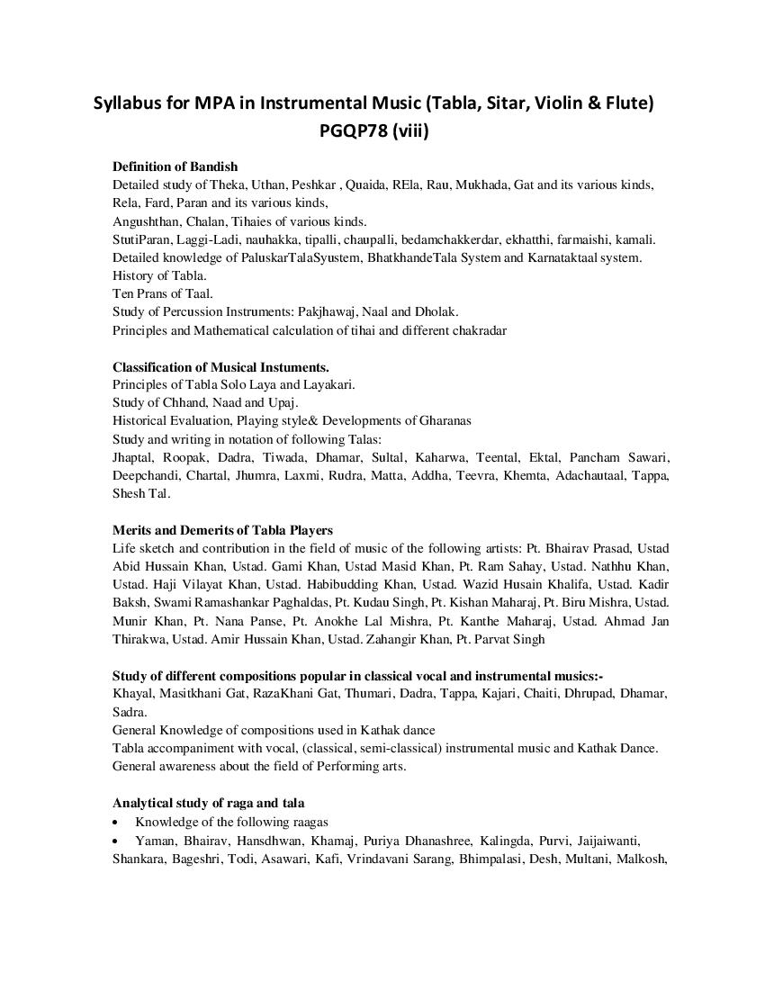 CUET PG 2022 Syllabus PGQP78 (viii) MPA in Instrumental Music (Tabla, Sitar, Violin & Flute) - Page 1