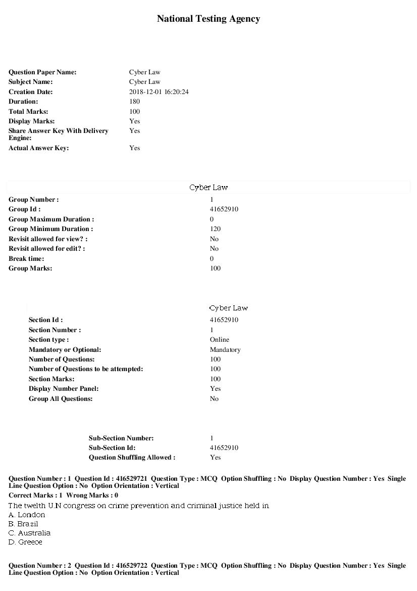 SWAYAM 2018 Question Paper Cyber Law - Page 1 of 17