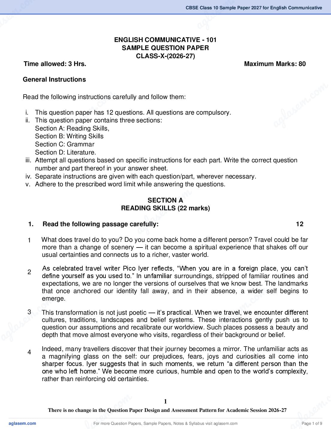 CBSE Class 10 Sample Paper 2027 for English Communicative - Page 1 of 9