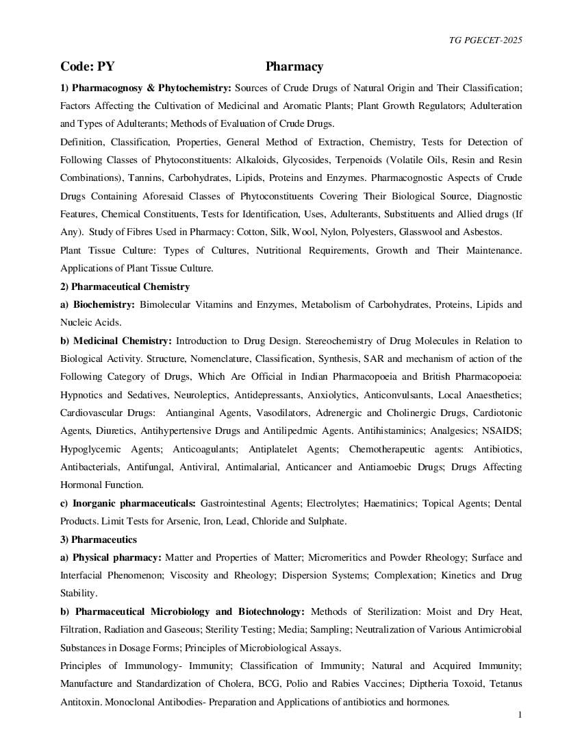 TS PGECET 2025 Syllabus for Pharmacy (PY) - Page 1 of 3