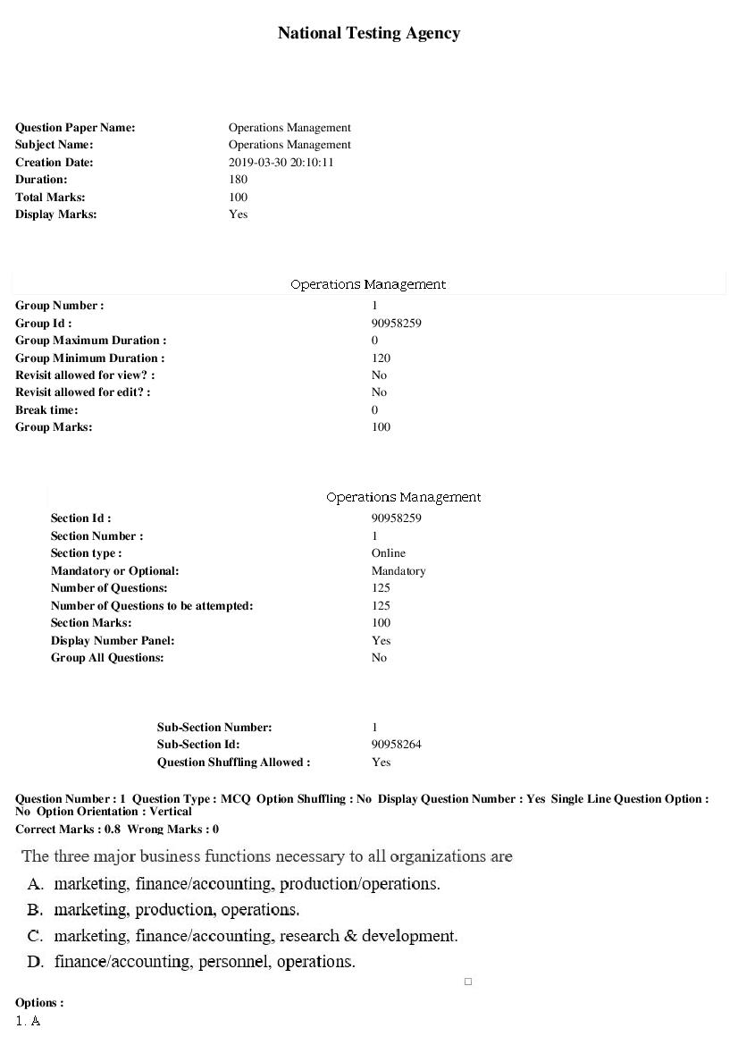 ARPIT 2019 Question Paper for Operations Management - Page 1 of 43