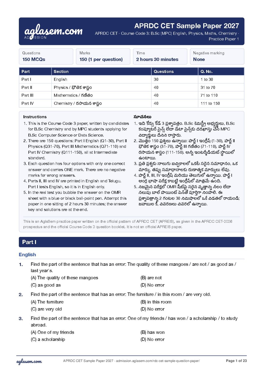 APRDC CET 2027 Sample Paper B.Sc MPC - Page 1 of 23