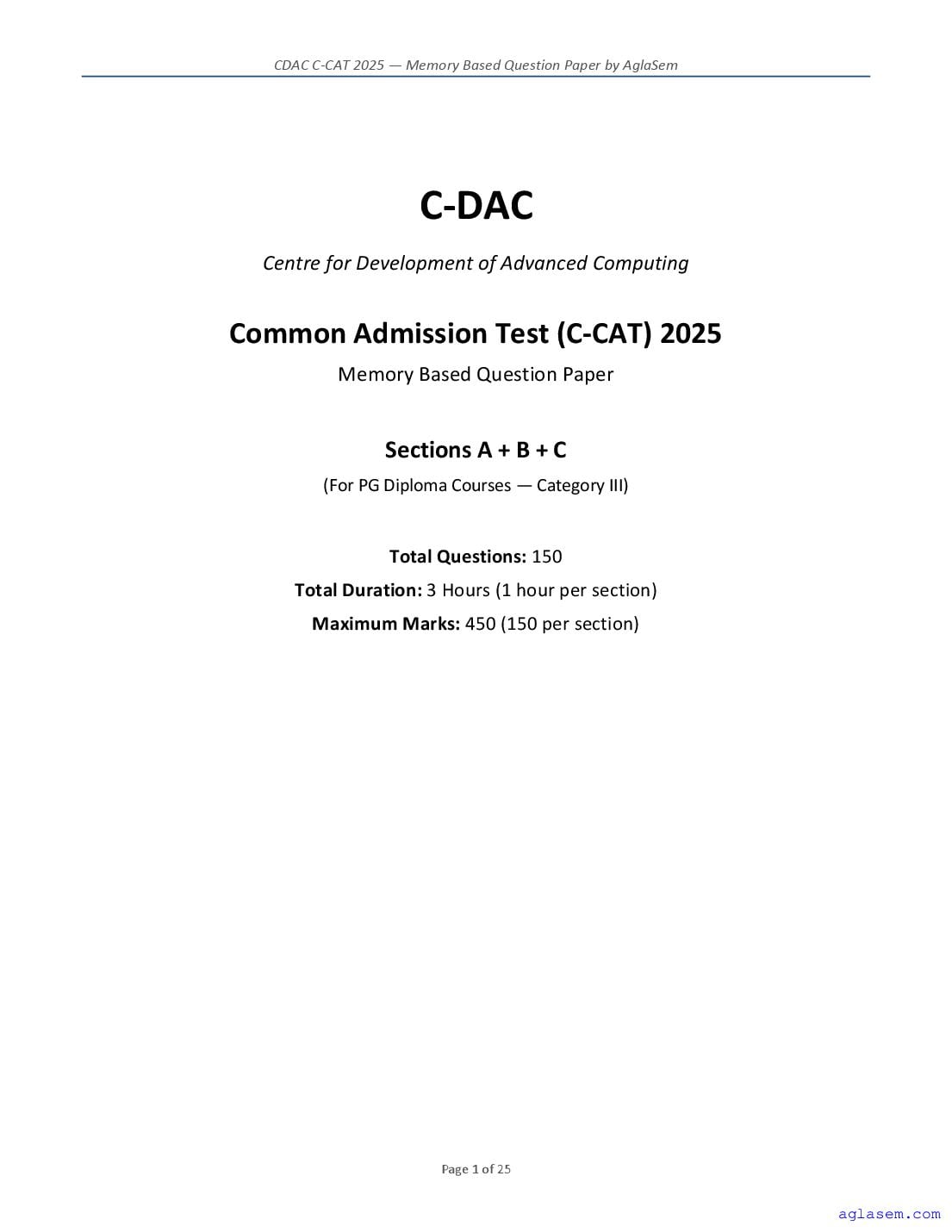 CDAC C-CAT 2025 Question Paper - Page 1 of 25