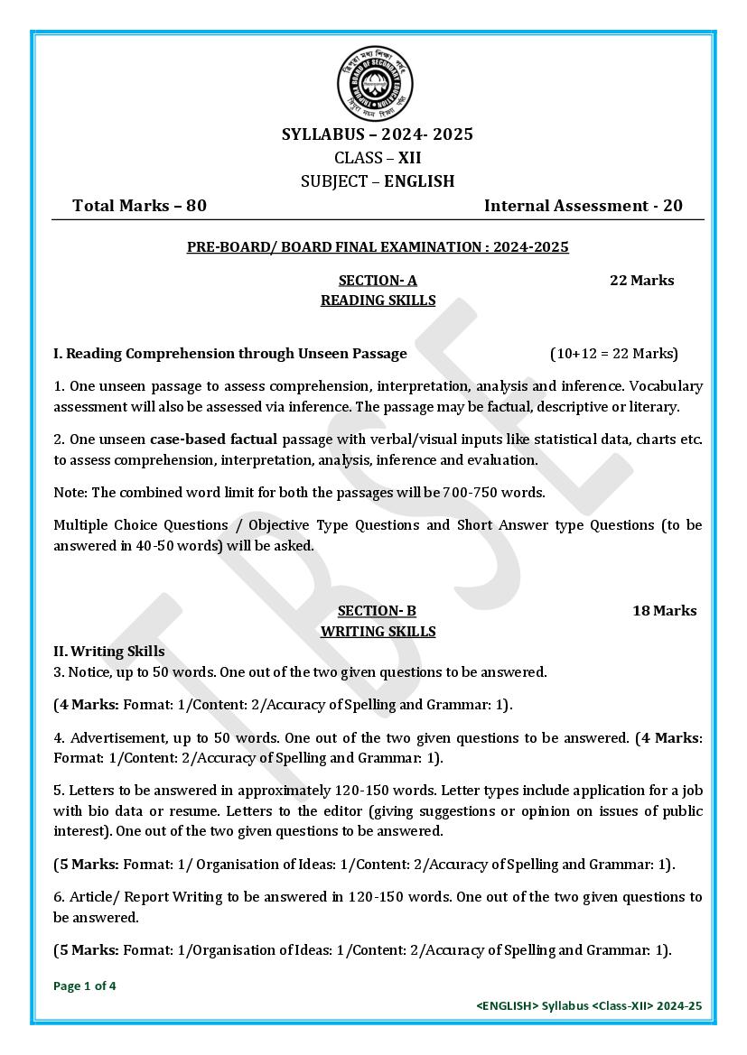 TBSE Class 12 Syllabus 2025 English - Page 1