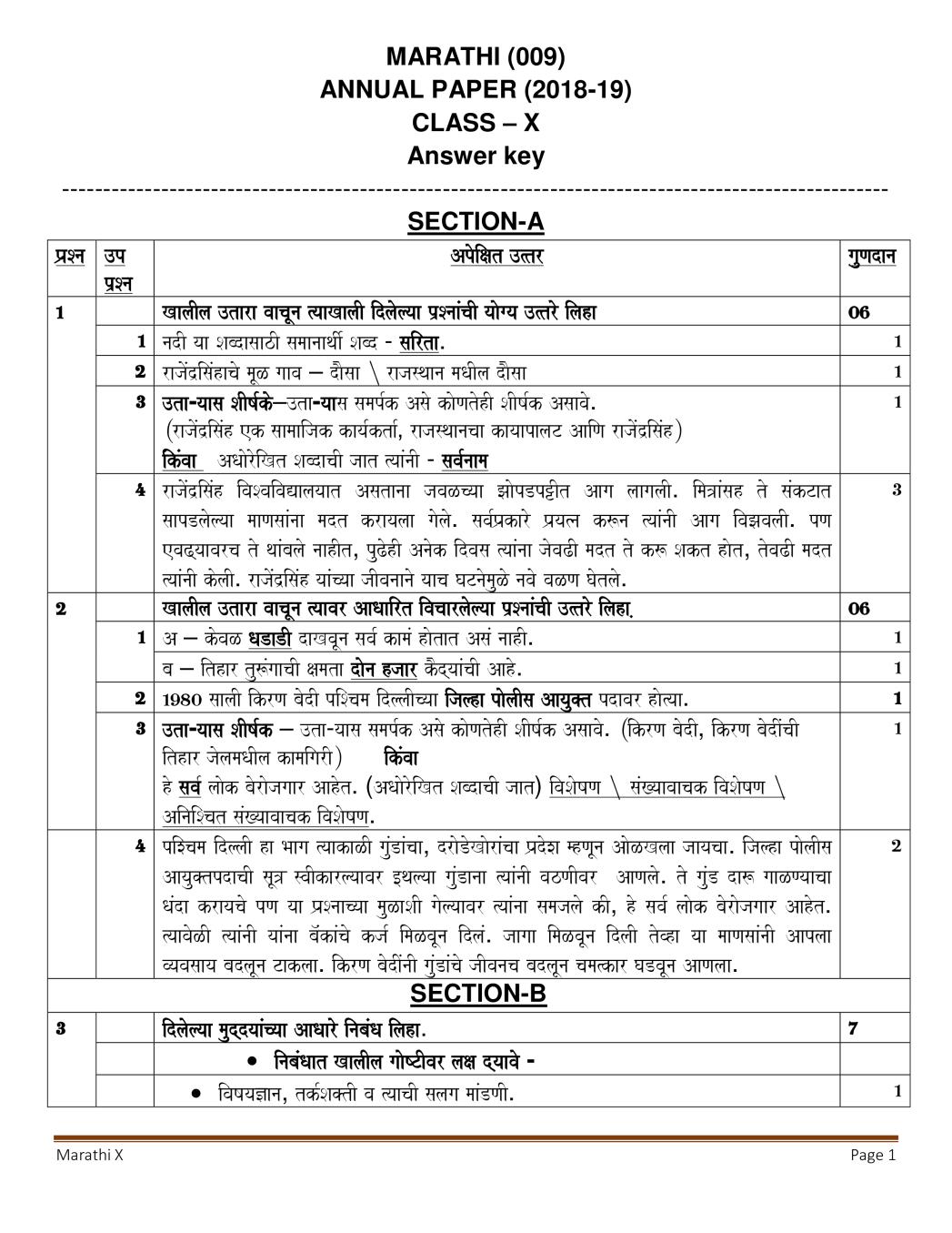 CBSE Class 10 Marathi Question Paper 2019 Solutions - Page 1