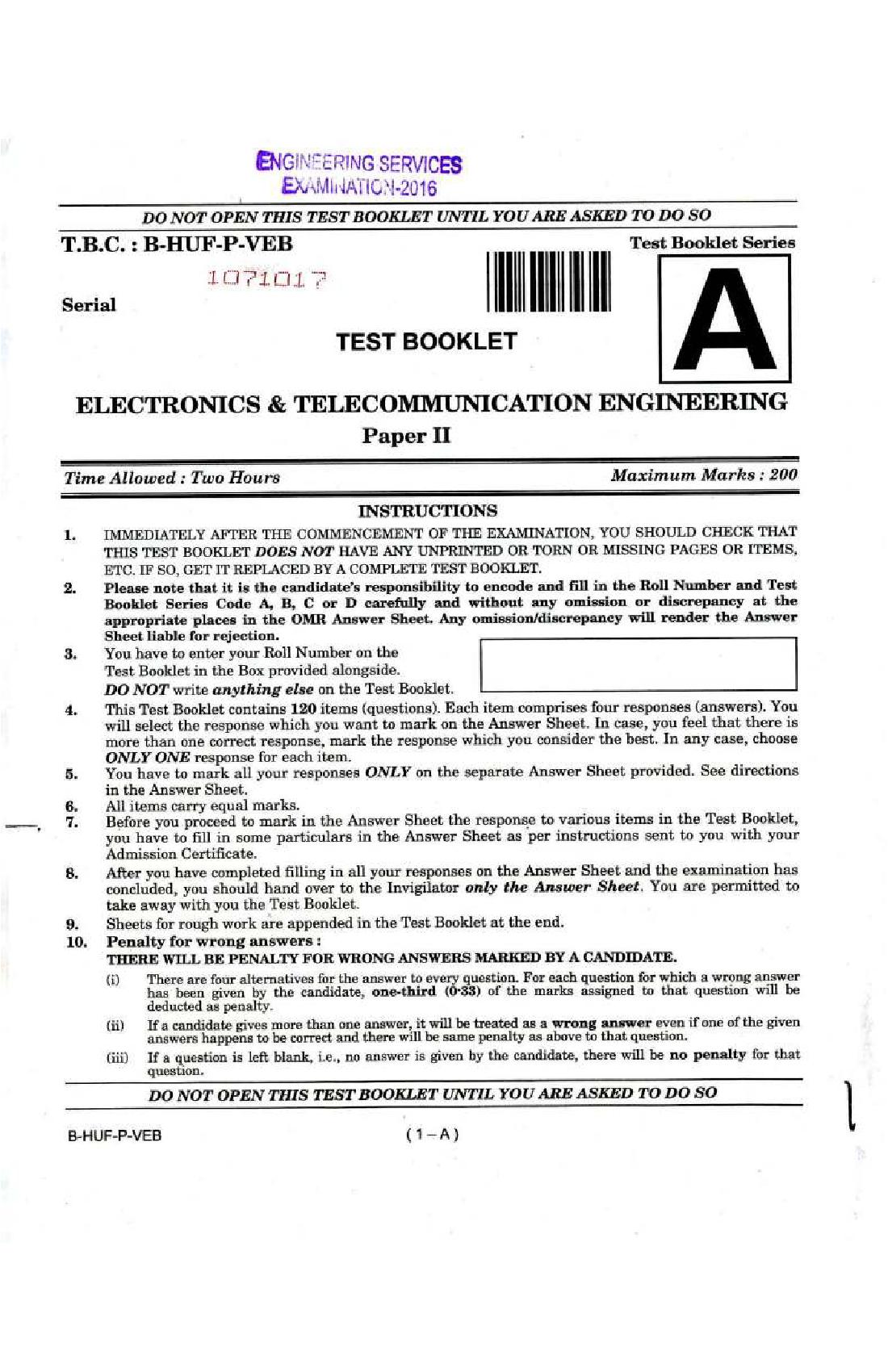UPSC IES 2016 (Prelims) Question Paper Electronics and Telecommunication Engineering Paper II - Page 1