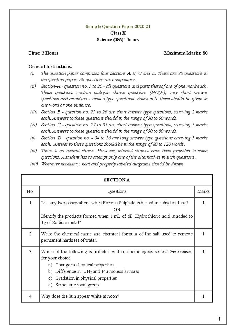 CBSE Class 10 Sample Paper 2021 for Science - Page 1