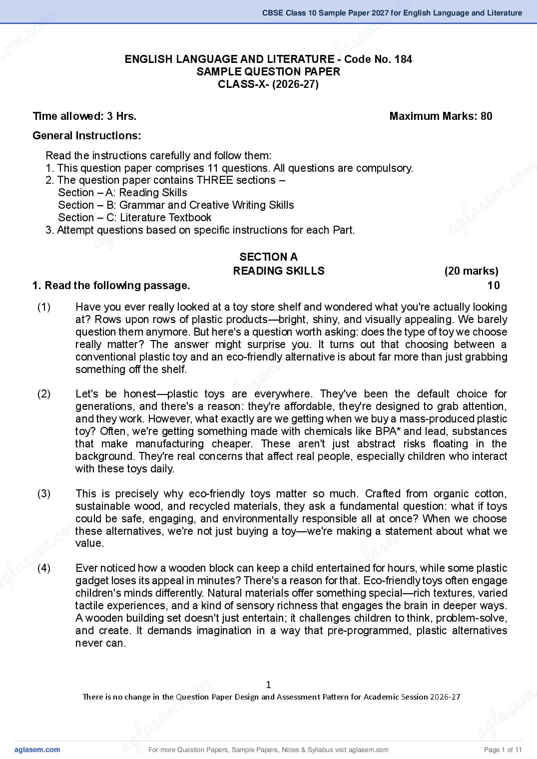CBSE Class 10 Sample Paper 2027 for English Language and Literature - Page 1 of 11