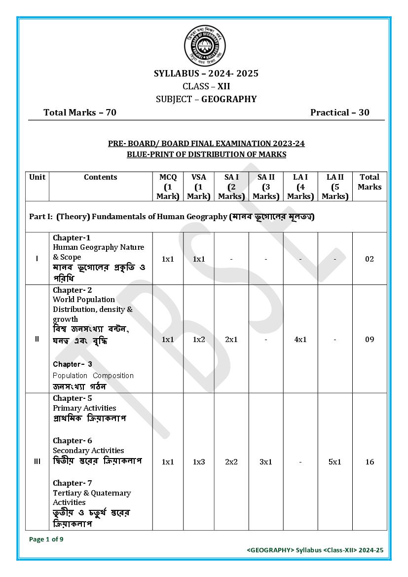 TBSE Class 12 Syllabus 2025 Geography - Page 1