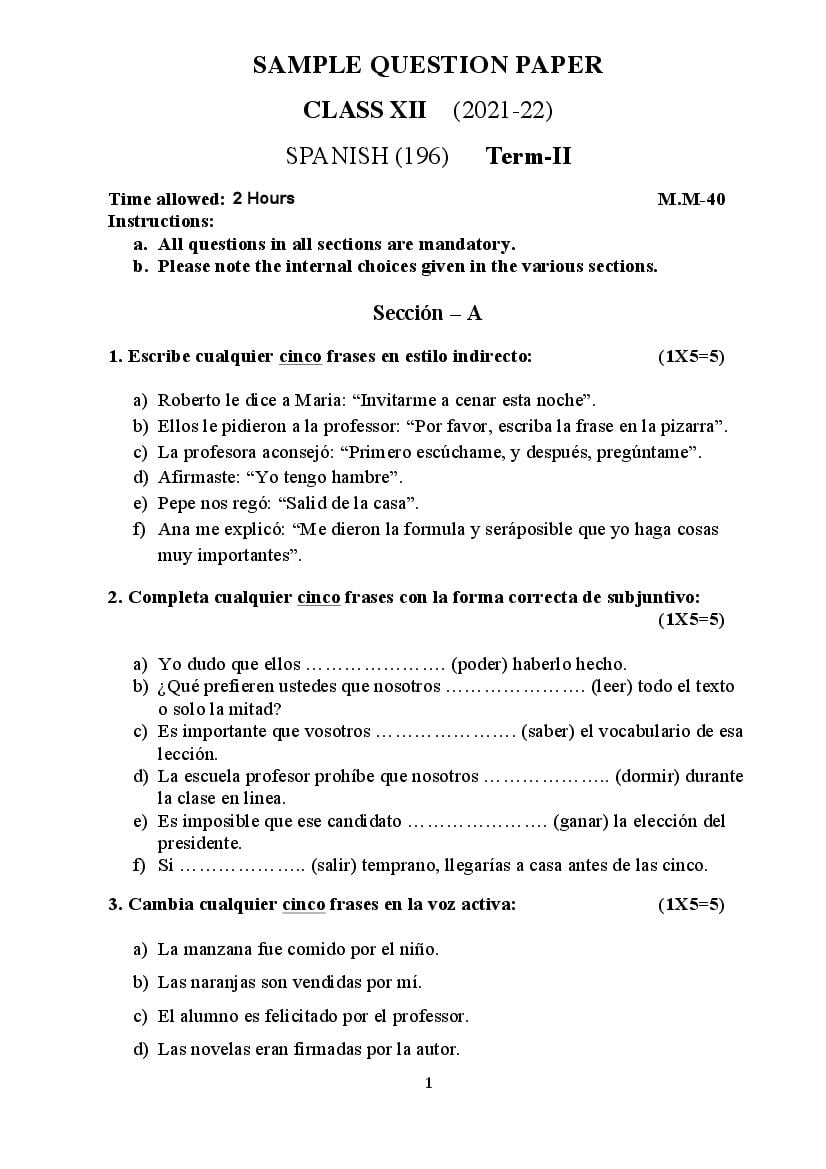CBSE Class 12 Sample Paper 2022 for Spanish Term 2 - Page 1