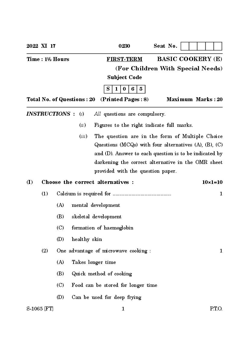 Goa Board Class 10 Question Paper 2022 Basic Cookery - Page 1