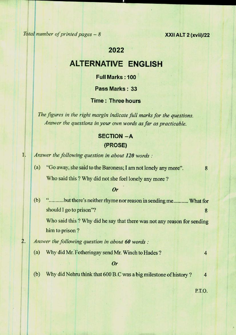 Manipur Board Class 12 Question Paper 2022 for English Alternative - Page 1