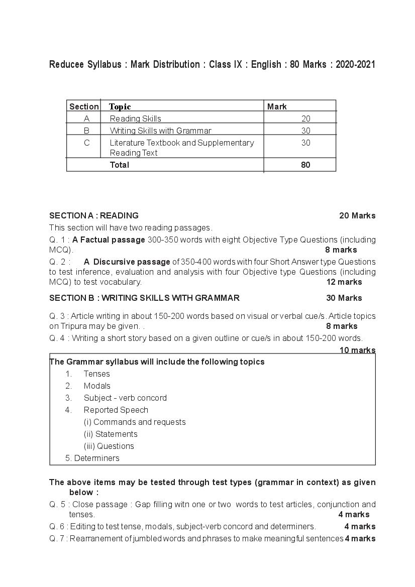 TBSE Class 9 Syllabus 2021 English - Page 1