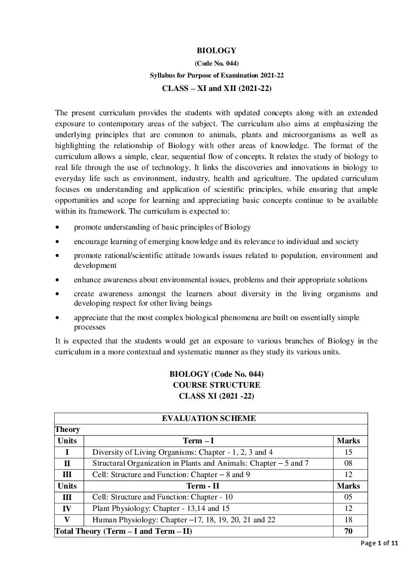 CBSE Class 12 Term Wise Syllabus 2021-22 Biology - Page 1