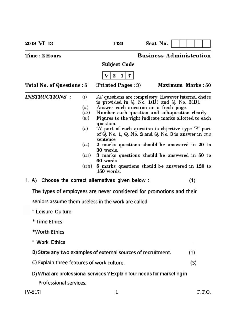 Goa Board Class 12 Question Paper June 2019 Business Administration - Page 1