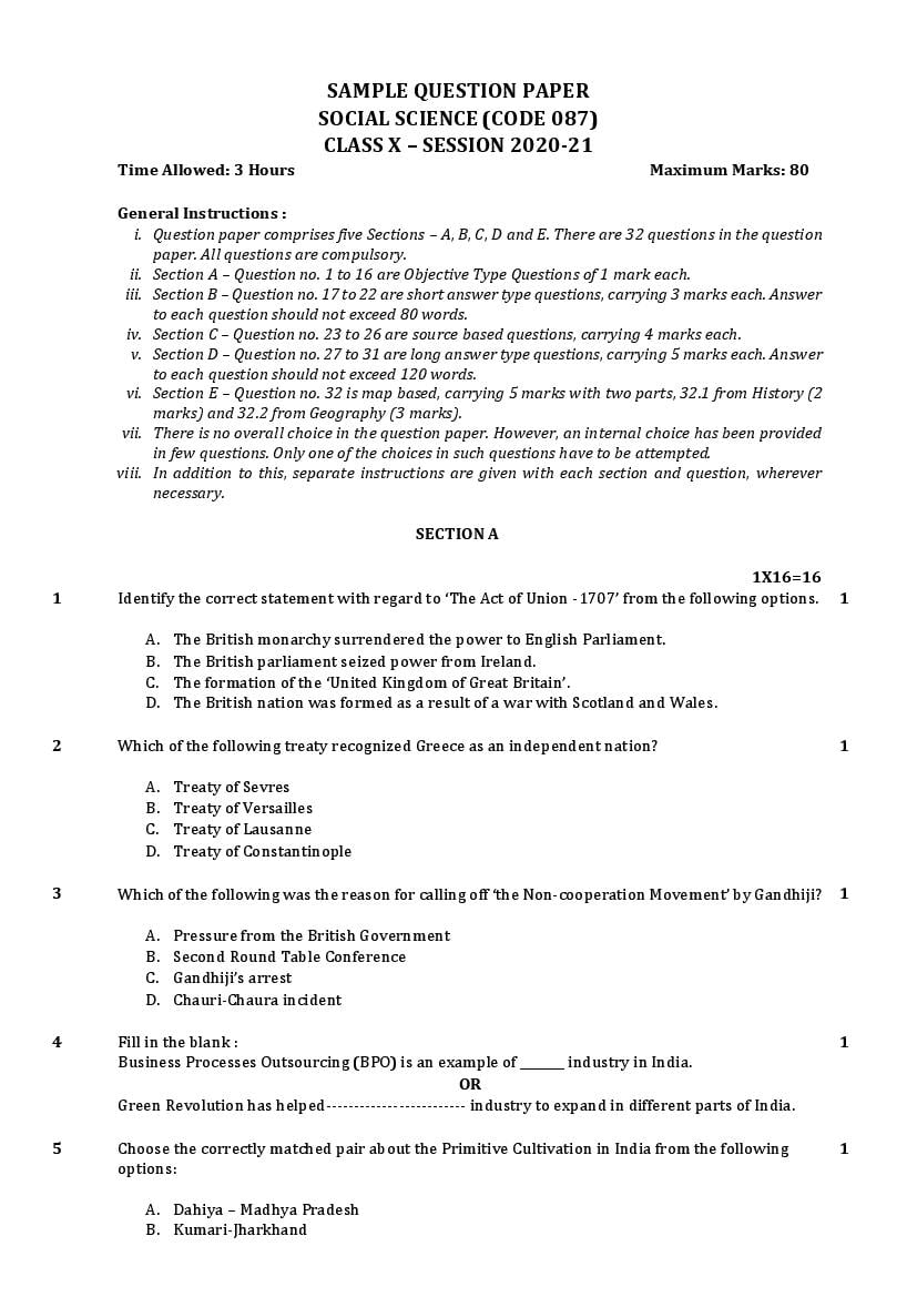 CBSE Class 10 Sample Paper 2021 For Social Science