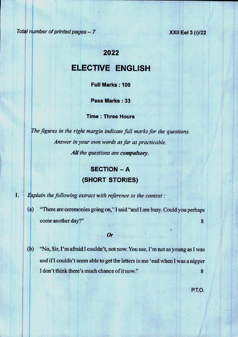 Manipur Board Class 12 Question Paper 2022 for English Elective - Page 1