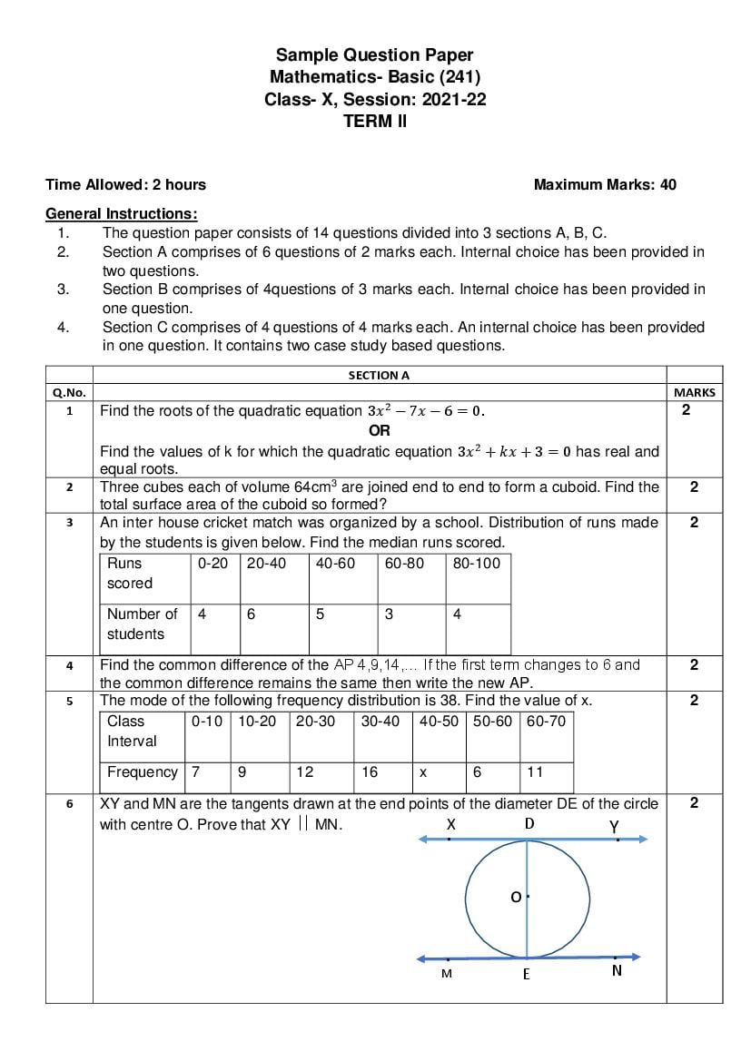 CBSE Class 10 Sample Paper 2022 for Maths Basic Term 2 - Page 1
