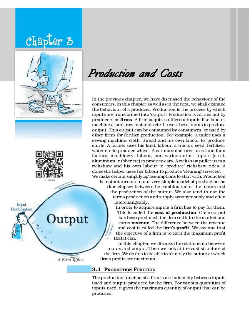 NCERT Book Class 12 Economics (Microeconomics) Chapter 3 Production and Costs - Page 1