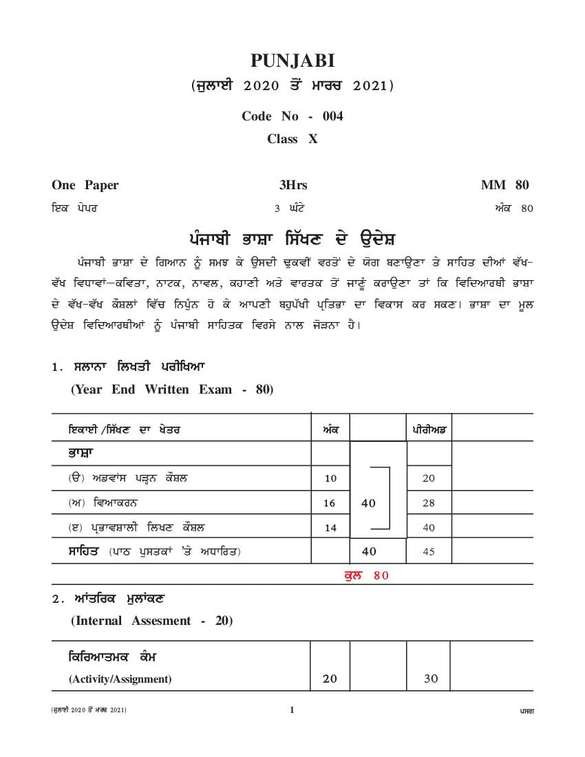 CBSE Class 10 Punjabi Syllabus 2020-21 - Page 1
