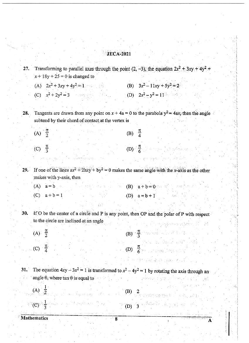 WB JECA 2021 Question Paper PDF: Mathematics and Aptitude