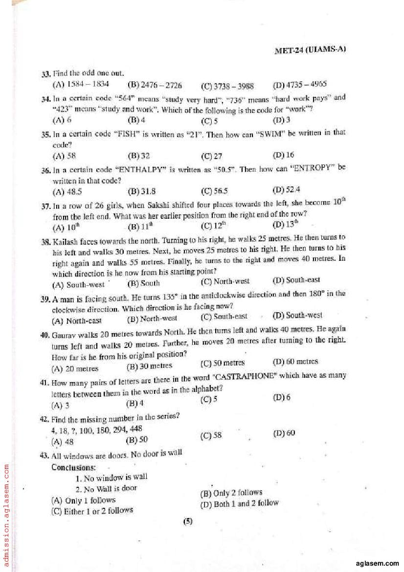 PU MET 2024 Question Paper (PDF) Download Here AglaSem Admission