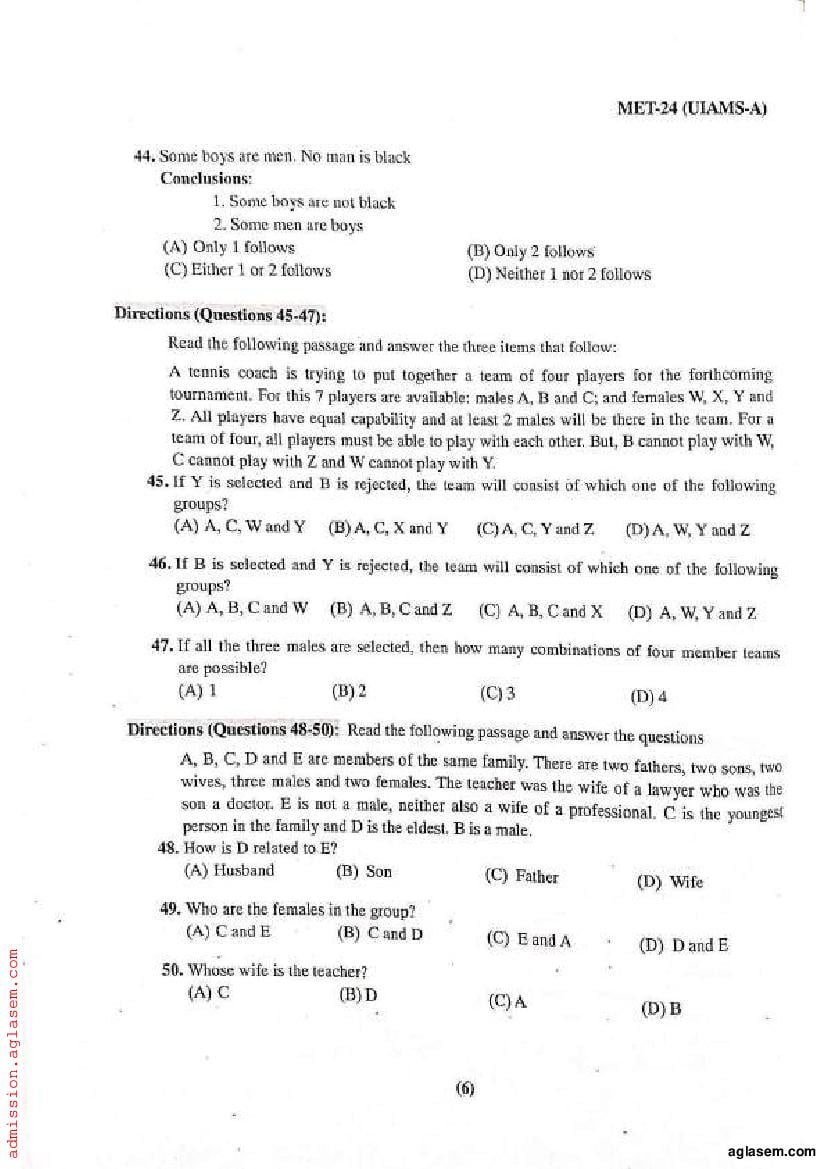 PU MET 2024 Question Paper (PDF) Download Here AglaSem Admission