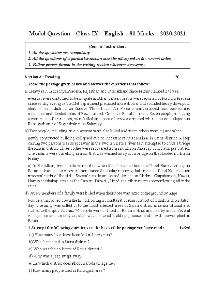 TBSE Class 9 Model Question Paper 2021 for English - Page 1