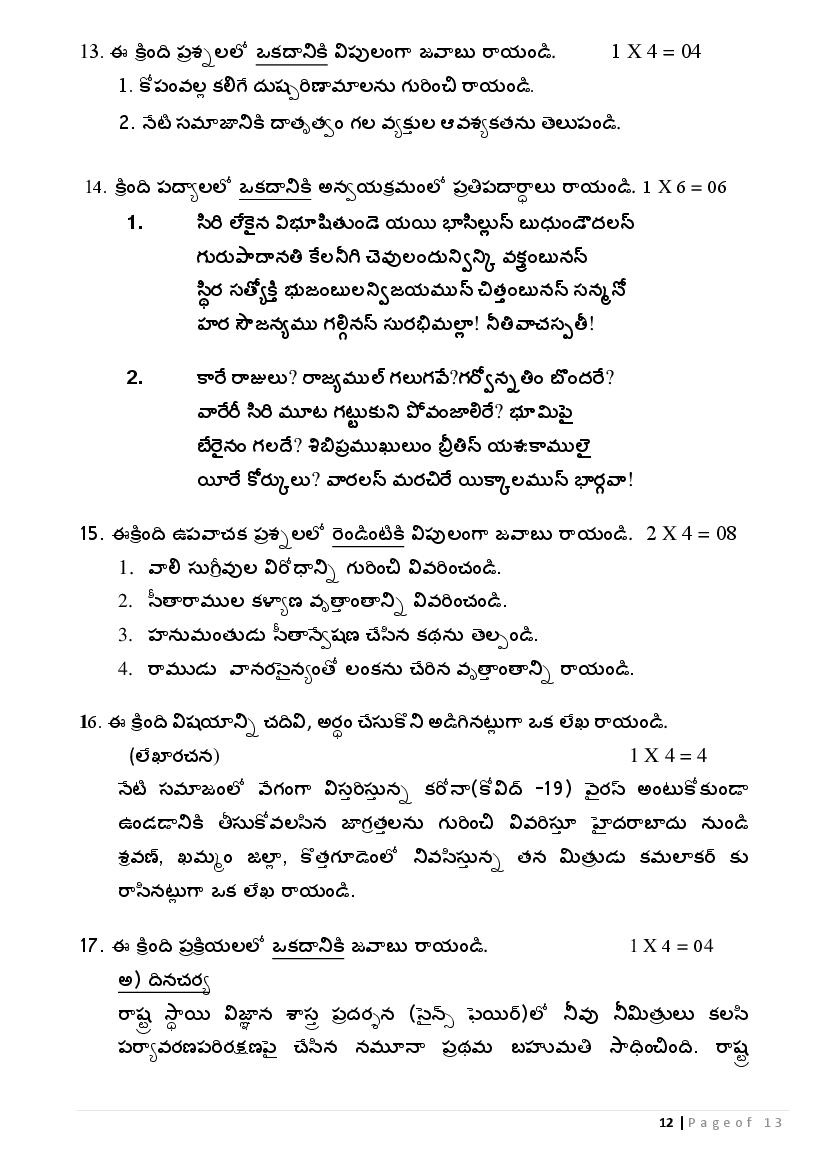 CBSE Sample Papers 2021 for Class 10 Telugu AglaSem Schools