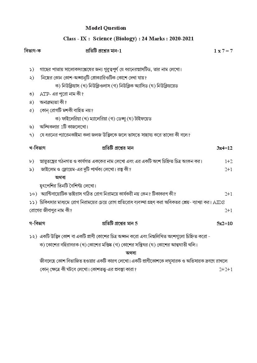TBSE Class 9 Model Question Paper for 2021 Science - Page 1