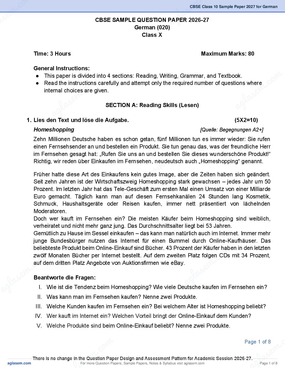 CBSE Class 10 Sample Paper 2027 for German - Page 1 of 8