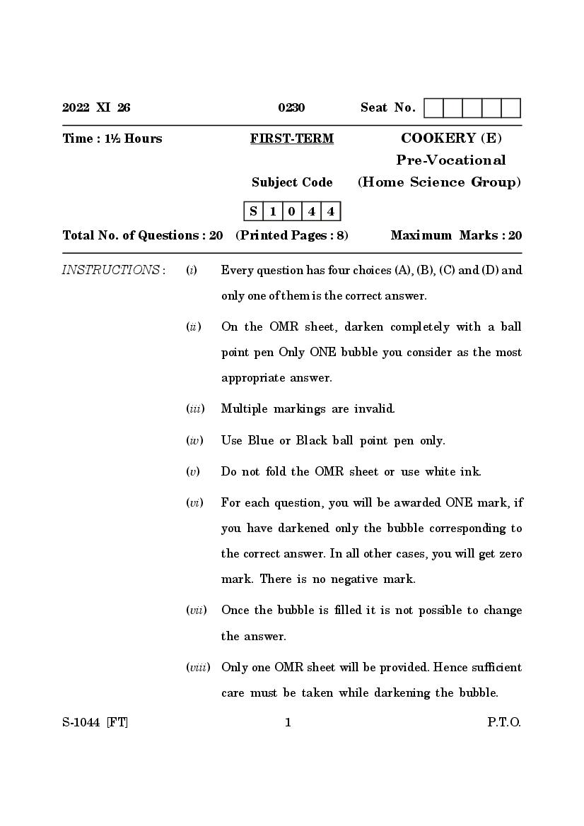 Goa Board Class 10 Question Paper 2022 Cookery - Page 1