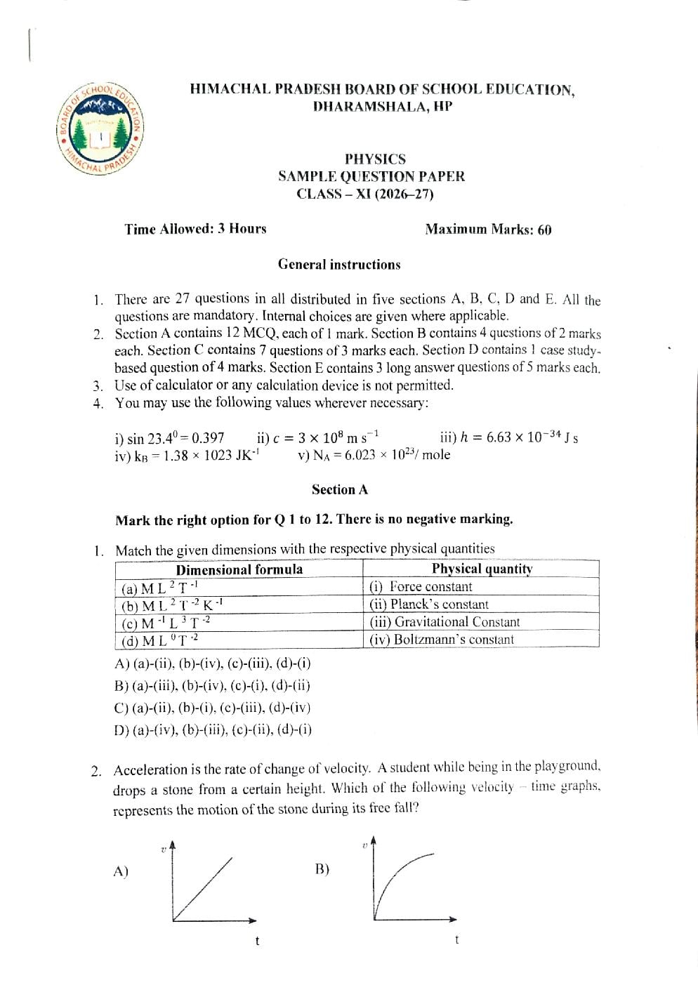 HP Board 11th Class Model Question Paper 2027 Physics - Page 1 of 16
