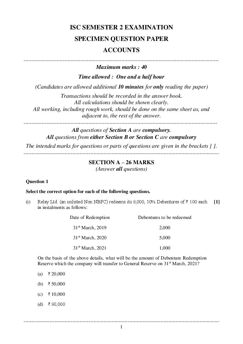 ISC Class 12 Specimen Paper 2022 Accounts Semester 2 - Page 1
