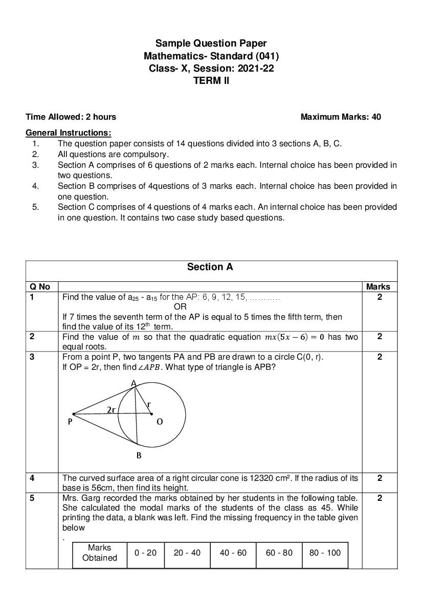 CBSE Class 10 Sample Paper 2022 for Maths Standard Term 2 - Page 1