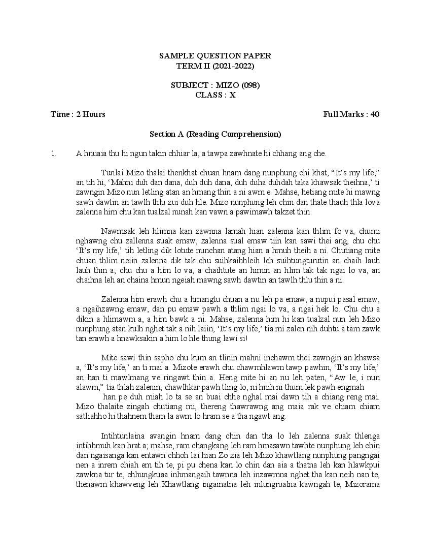 CBSE Class 10 Sample Paper 2022 for Mizo Term 2 - Page 1