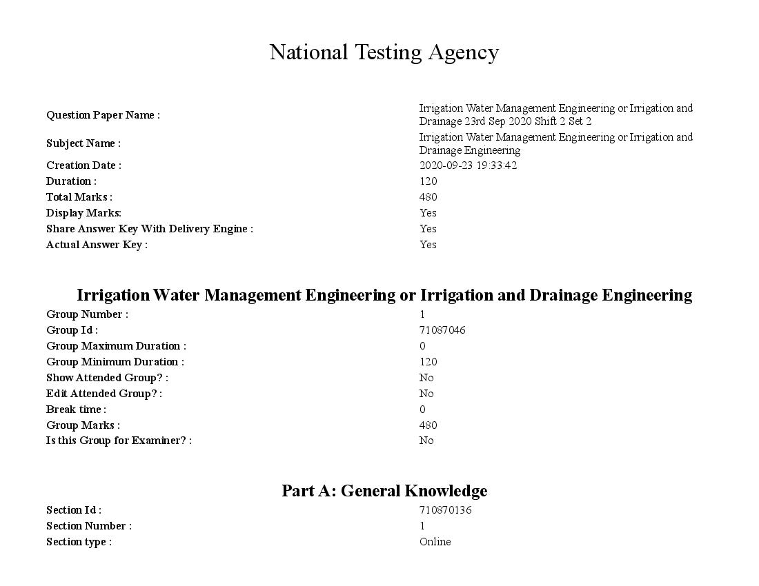 AICE JRF SRF 2020 Question Paper Irrigation Water Management Engineering or Irrigation and Drainage - Page 1 of 78