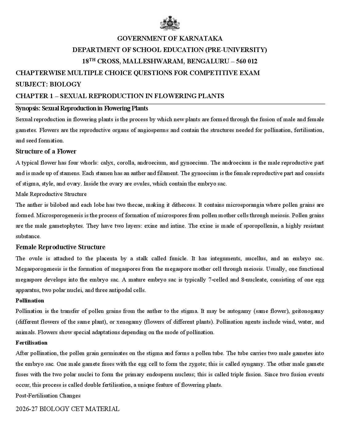 Karnataka 2nd PUC Biology Sexual Reproduction in Flowering Plants MCQ with Answers - Page 1 of 21