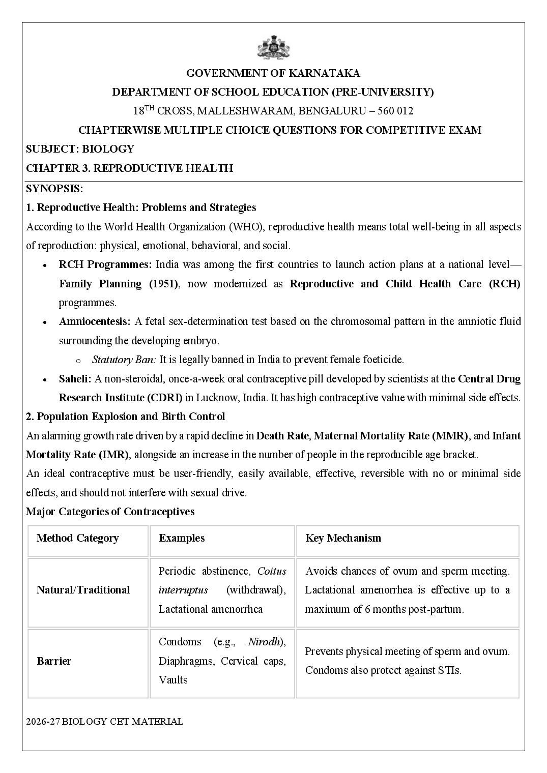 Karnataka 2nd PUC Biology Reproductive Health MCQ with Answers - Page 1 of 16