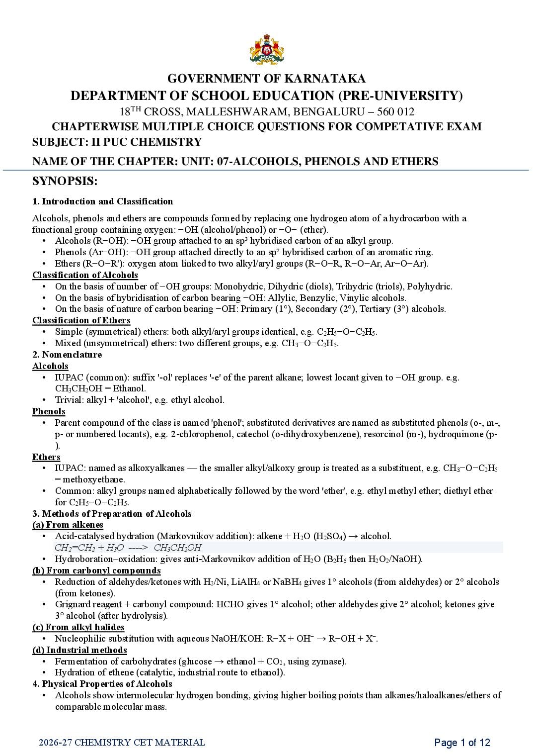 Karnataka 2nd PUC Chemistry Alcohols Phenols and Ethers MCQ with Answers - Page 1 of 12