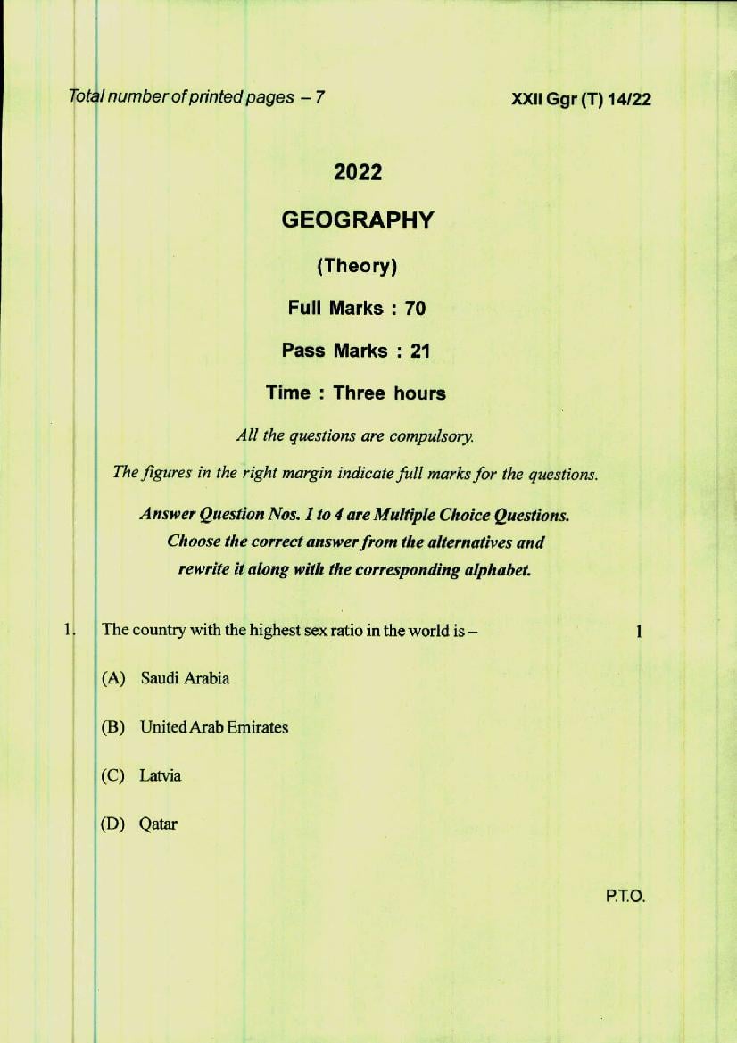 Manipur Board Class 12 Question Paper 2022 for Geography - Page 1