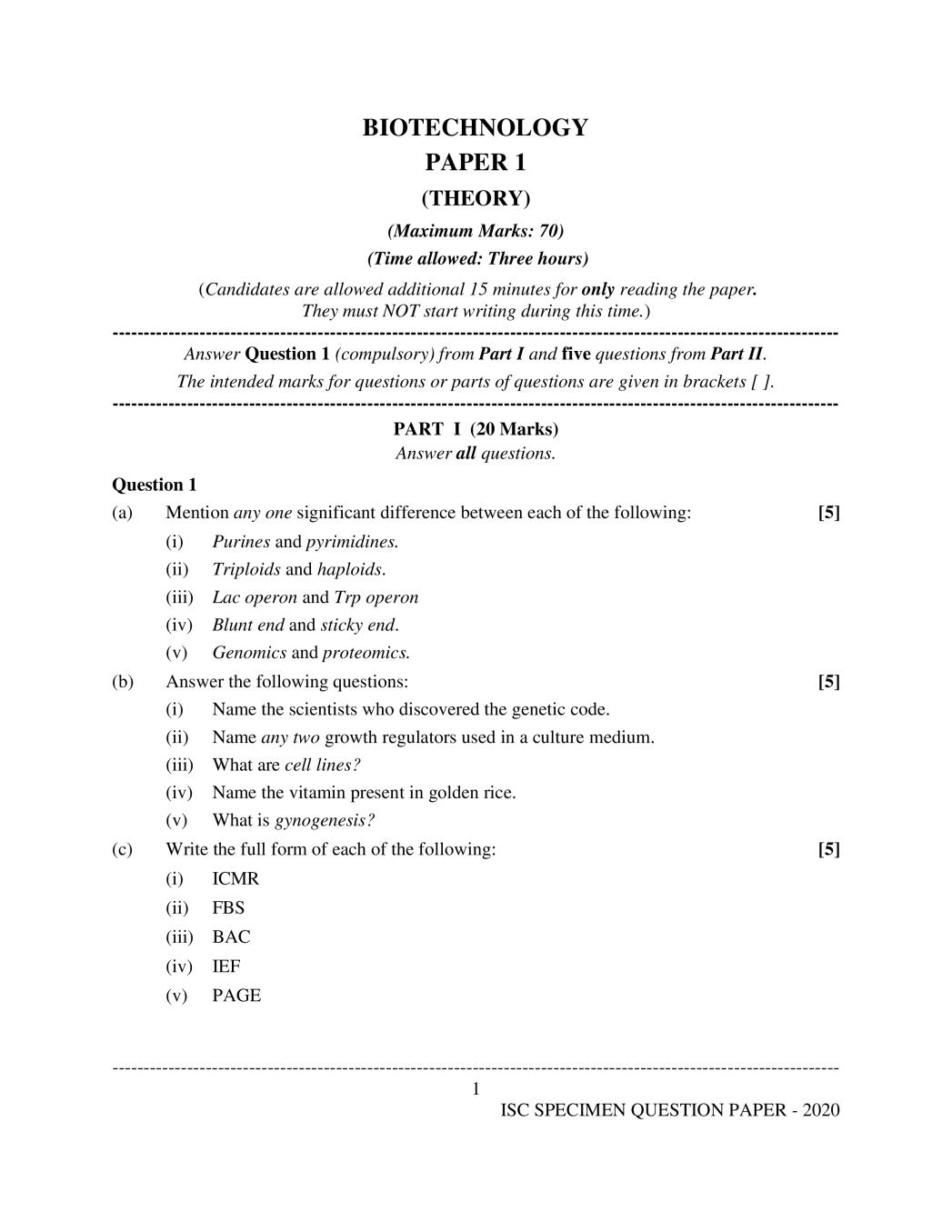 ISC Class 12 Specimen Paper 2020 for Biotechnology Paper 1 - Page 1