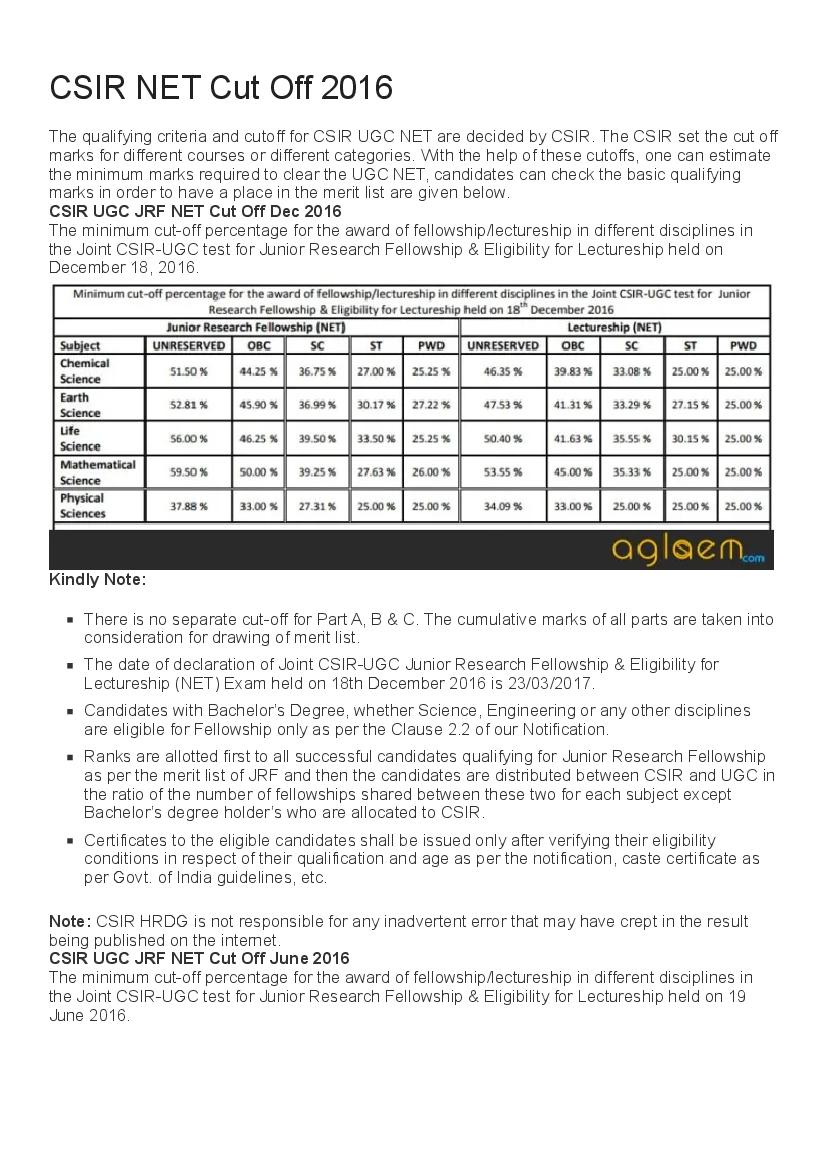 CSIR NET Cut Off 2016 - Page 1