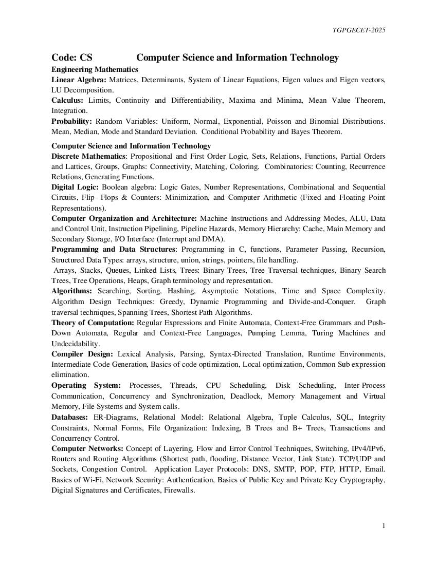 TS PGECET 2025 Syllabus for Computer Science and Information Technology (CS) - Page 1 of 2