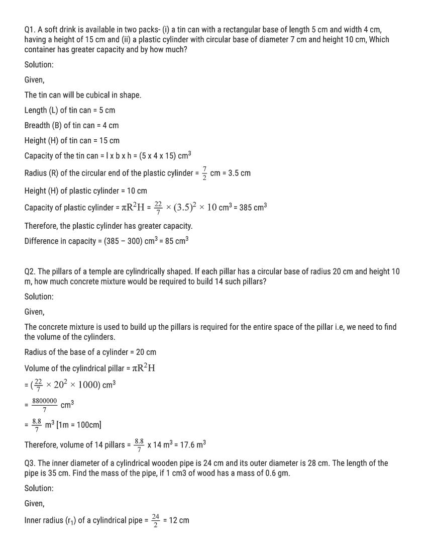 RD Sharma Solutions Class 9 Chapter 19 Surface Area And Volume of a Right Circular Cylinder Excercise 19.2 - Page 1