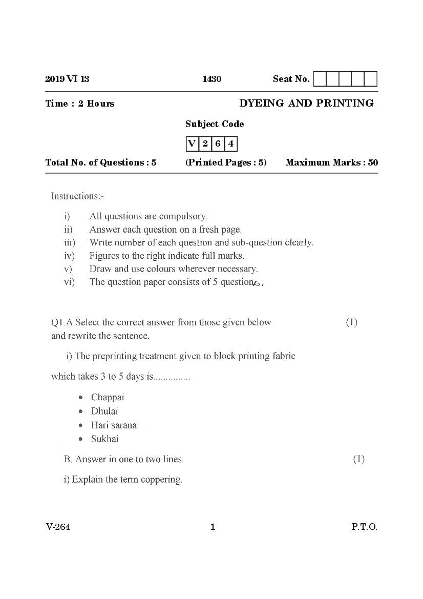 Goa Board Class 12 Question Paper June 2019 Dyeing an Printing - Page 1