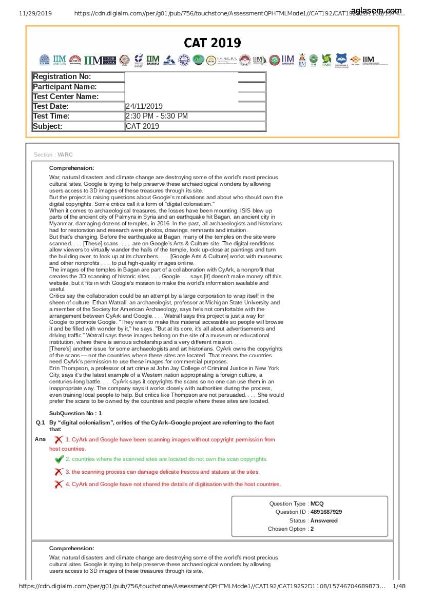 CAT 2019 Question Paper with Answer Key Slot 2 - Page 1