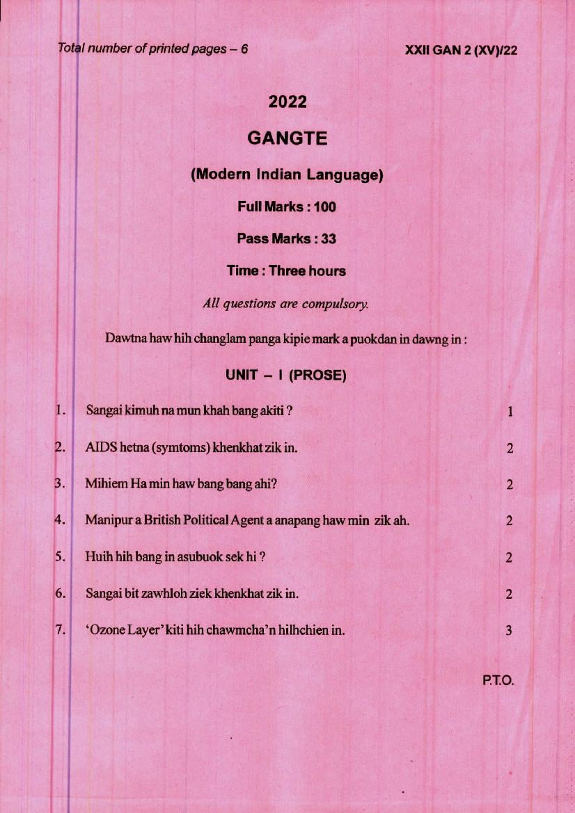 Manipur Board Class 12 Question Paper 2022 for Gangte - Page 1
