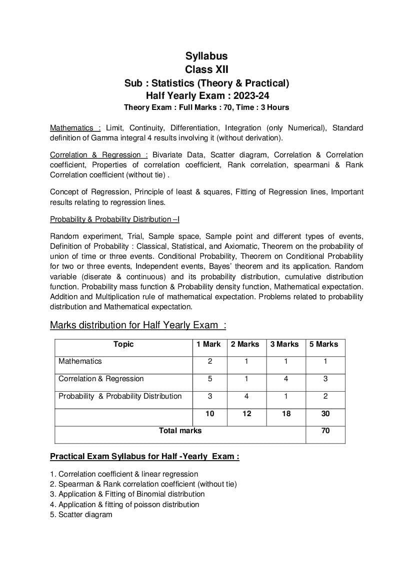 TBSE Class 12 Syllabus 2024 Statistics - Page 1