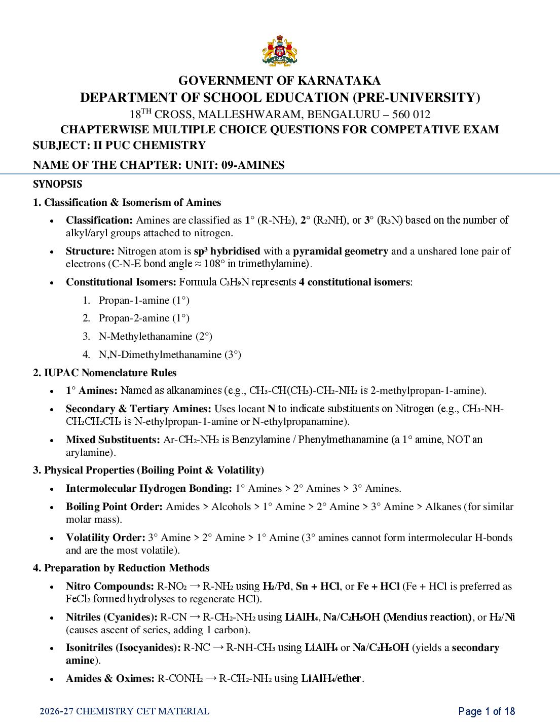 Karnataka 2nd PUC Chemistry Amines MCQ with Answers - Page 1 of 18